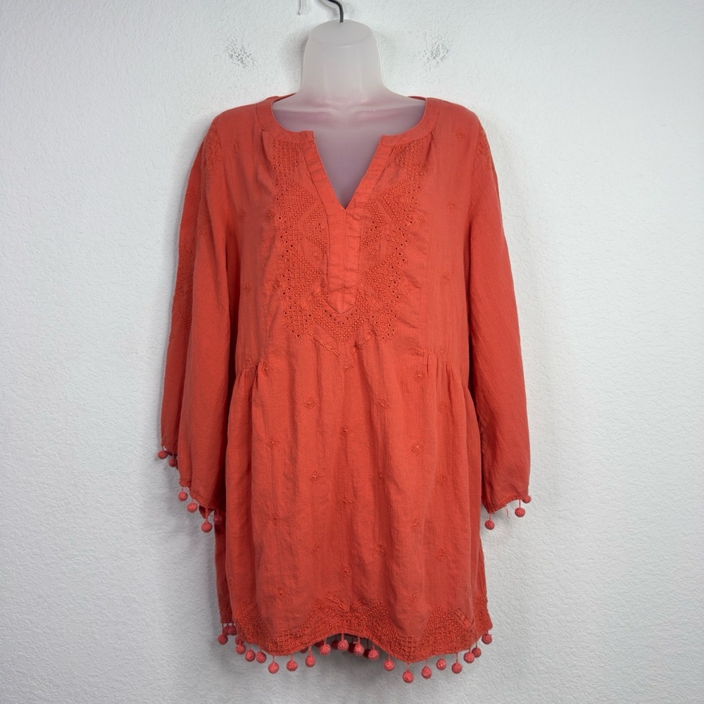 Sundance Cover-Up Shirt Womens S Orange Nikkia Pom Pom‎ Embroidered Boho Coastal